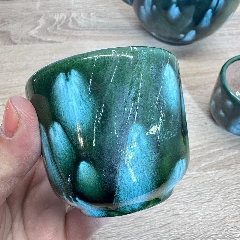 The Arkansas Stoneware Co Teapot Cup Set Green‎ Drip Glaze Studio Pottery